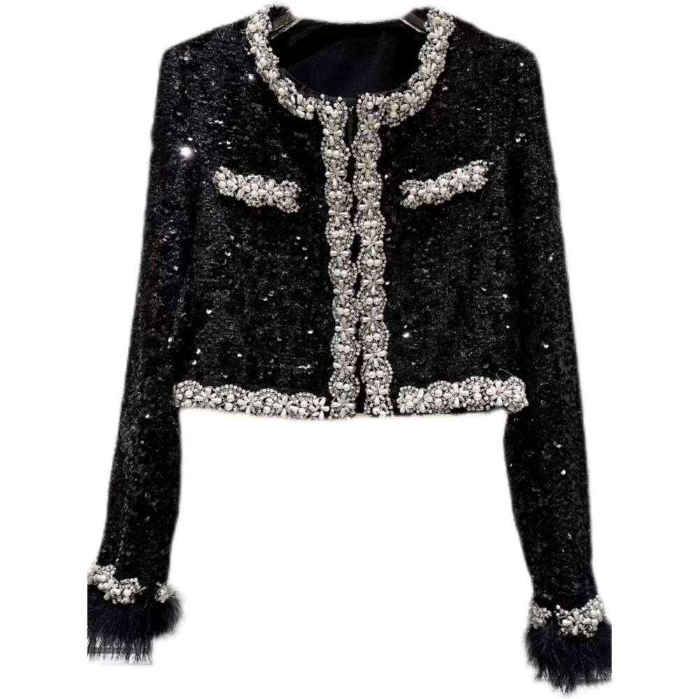 Female 2024 Autumn And Winter New Small Fragrant Socialite Jackets Ostrich Hair Cuffs Rhinestone Beaded Edge Short Coats