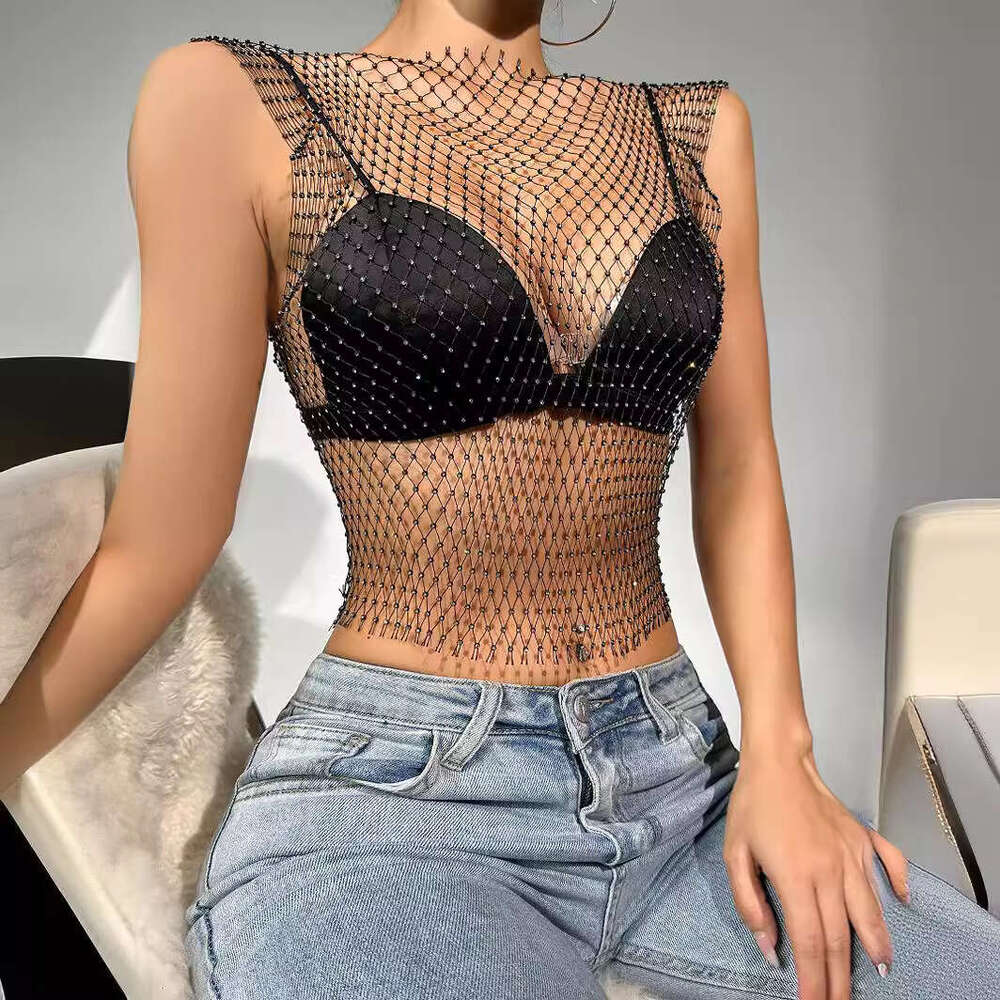 Sexy Nightclub Women's Fishnet Hollow Out Vest Mesh Sparkling Rhinestone Camisole Top for Women
