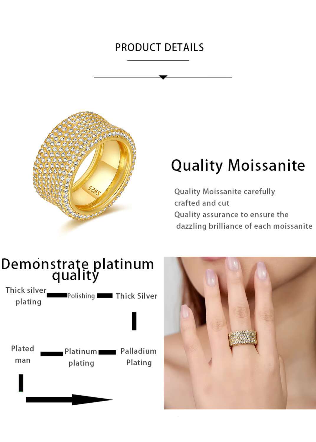 Hip Hop Jewelry Light Luxury 925 Sterling Silver Full Iced Out Vvs 1.2mm Moissanite Diamond Ring for Women Men