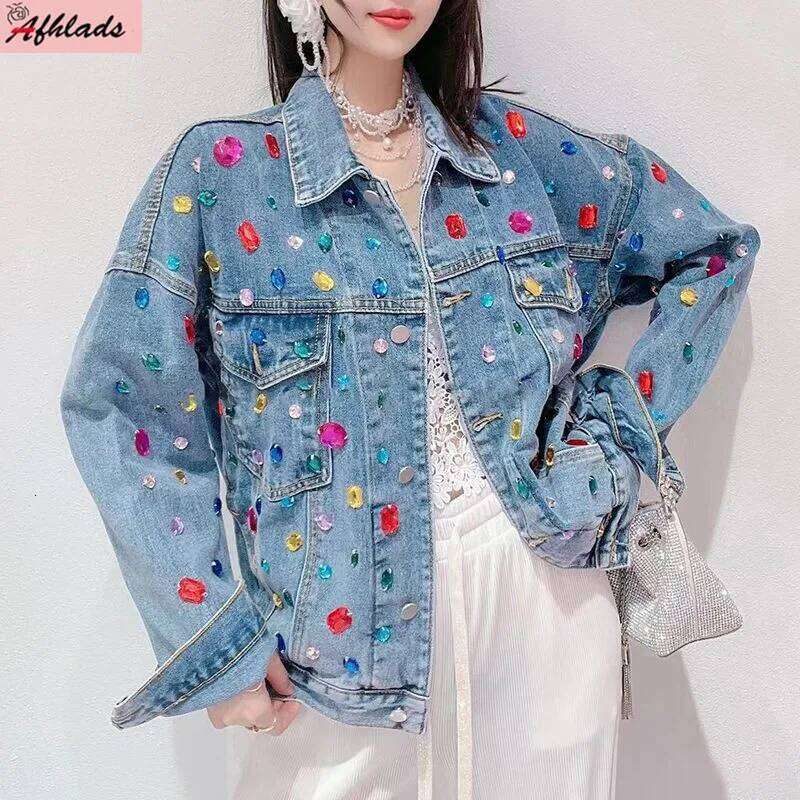 Long Sleeve Streetwear Denim Jacket Spring Women's Sweet Rainbow Dia Design Single Breasted Loose Outerwear
