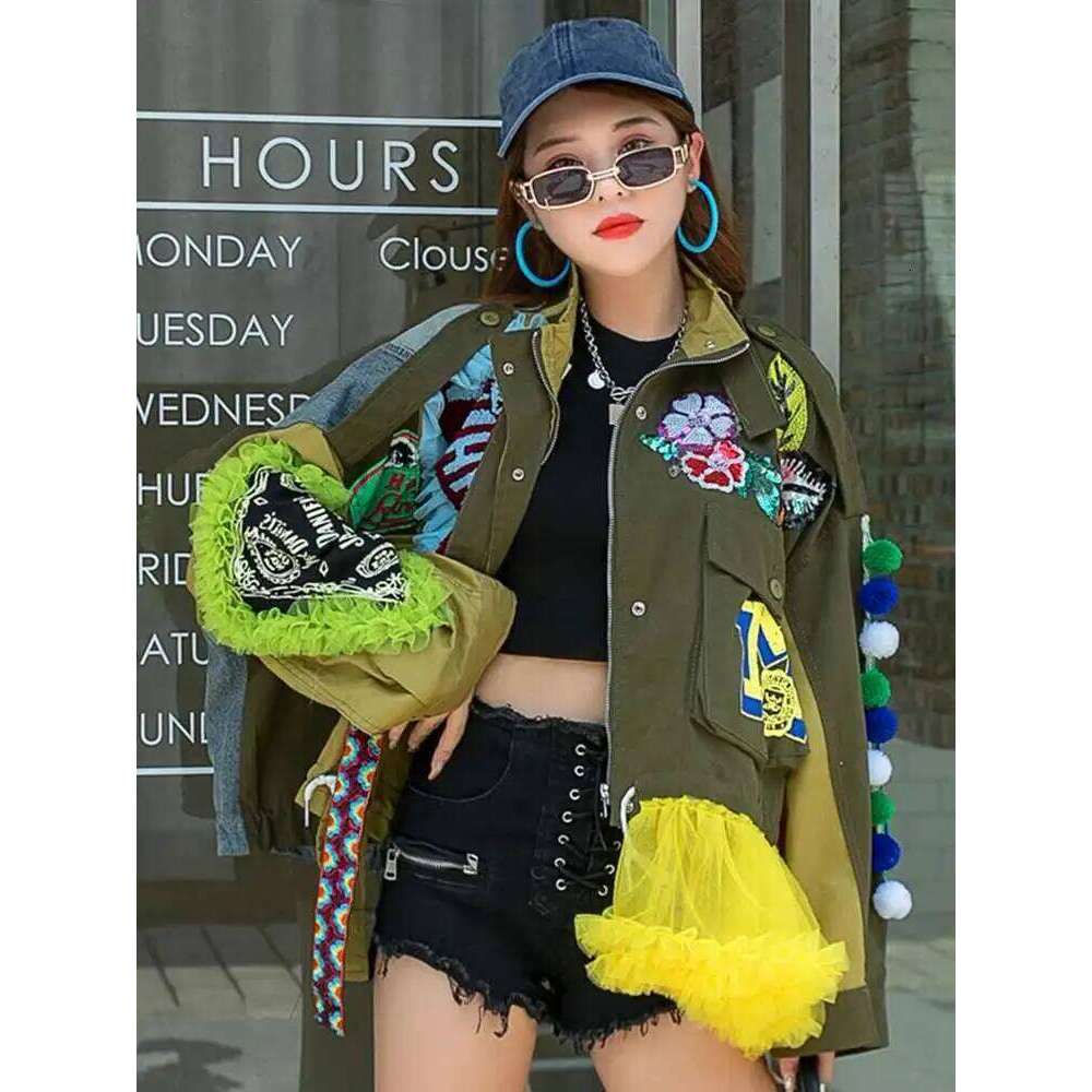 IEQJ Street Style Embroidery Lace Spliced Contrast Color Irregular Jackets For Women 2023 Spring Long Sleeve Loose Coat Cp1128