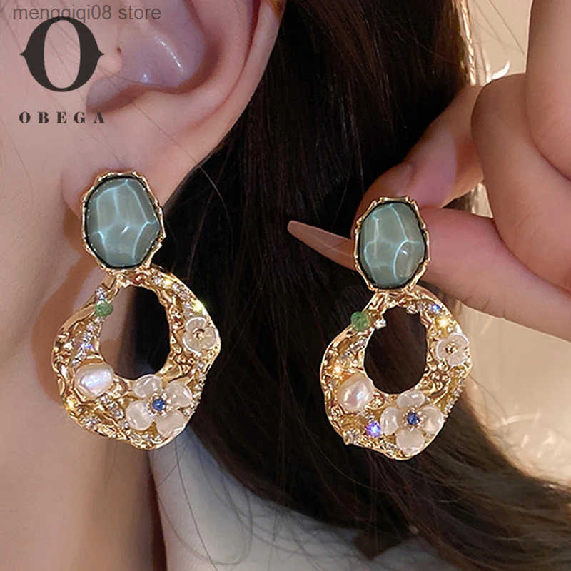 Obega Aesthetic Zircon Flower Hanging Earrings for Women Gold Color Big Drop Womens Earrings Party 2023 Trending Jewelry Gift L250527
