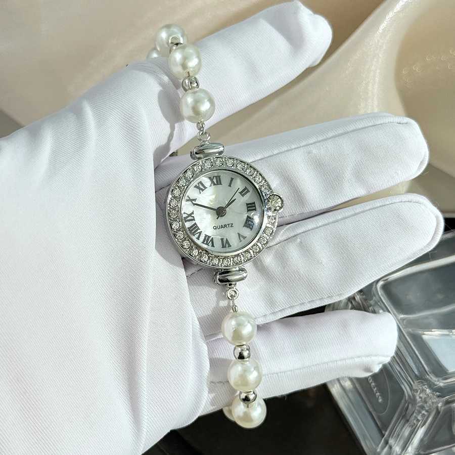 Ladies diamond-encrusted Roman numeral dial white bead bracelet fashionable versatile small exquisite quartz watch for women XJ250527