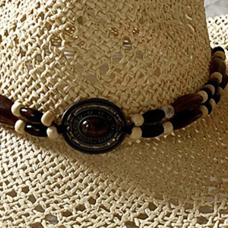 Ethnic Style Gemstone Beaded Cowboy Straw Hat Men Women Summer Sunshade Sunscreen Hat Hollow Breathable n Tibetan Straw Hat 250526