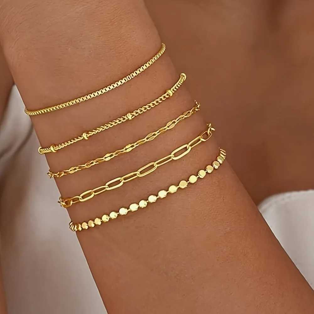 5Pcs/Set Boho Twist Chain Bracelets Set for Women Vintage Gold Silver Color Adjustable Cuban Link Bracelet Fashion Jewelry Gifts W250526
