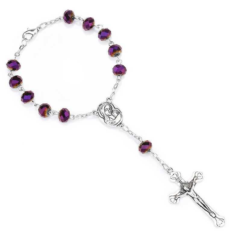 QIGO Blue Crystal Rosary Bracelet Cross Women Catholic Jewelry Gifts W250526