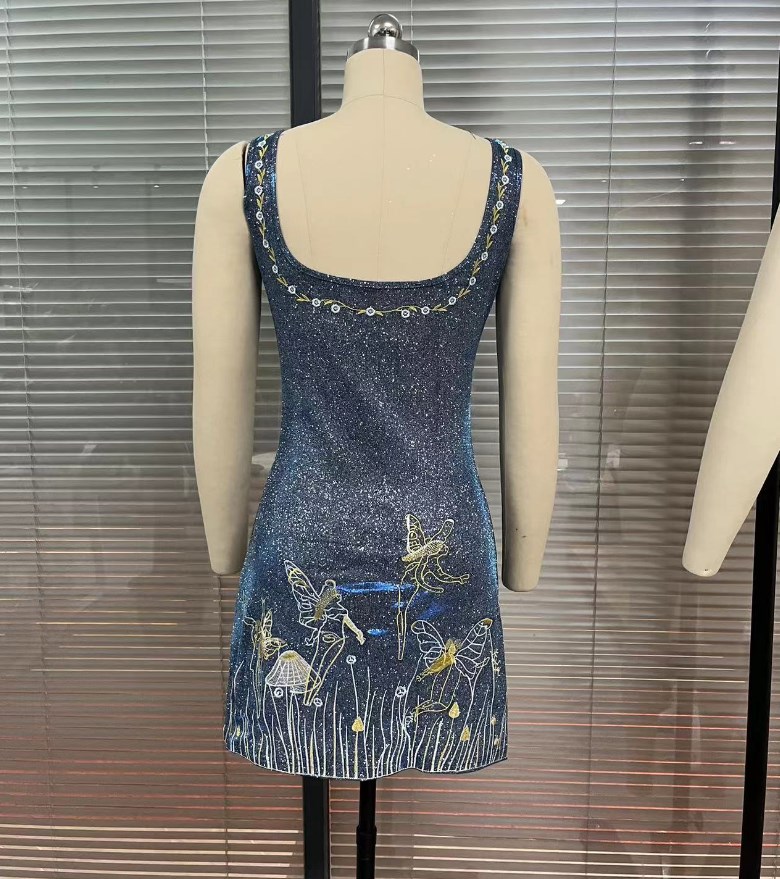Casual Dresses Elegant Sexy Fashion Print Sequin Short Dress Spaghetti Strap Backless Sleeveless Tight Slit Summer Mini