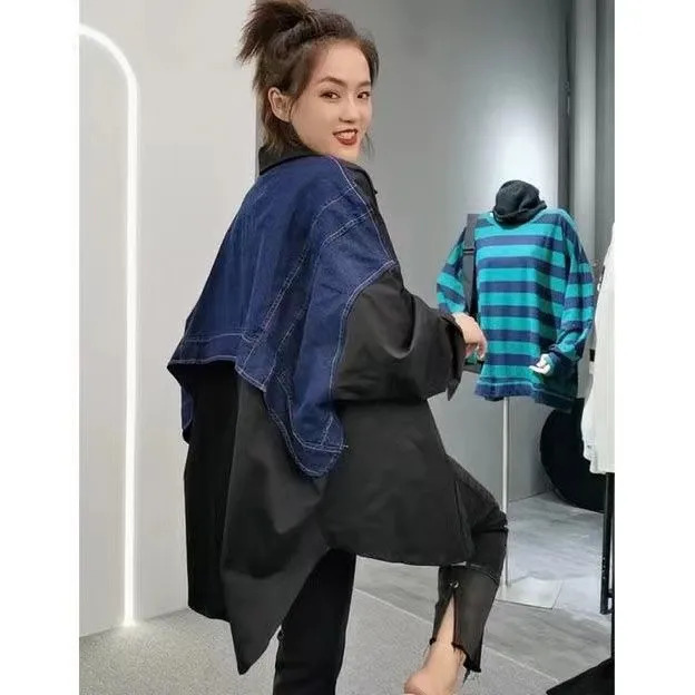 Getsring Women Blouse Denim Patchwork Stitched Ladies Shirt Long Sleeve Loose Leisure Irregular Shirts Fake Two Female Tops 250523