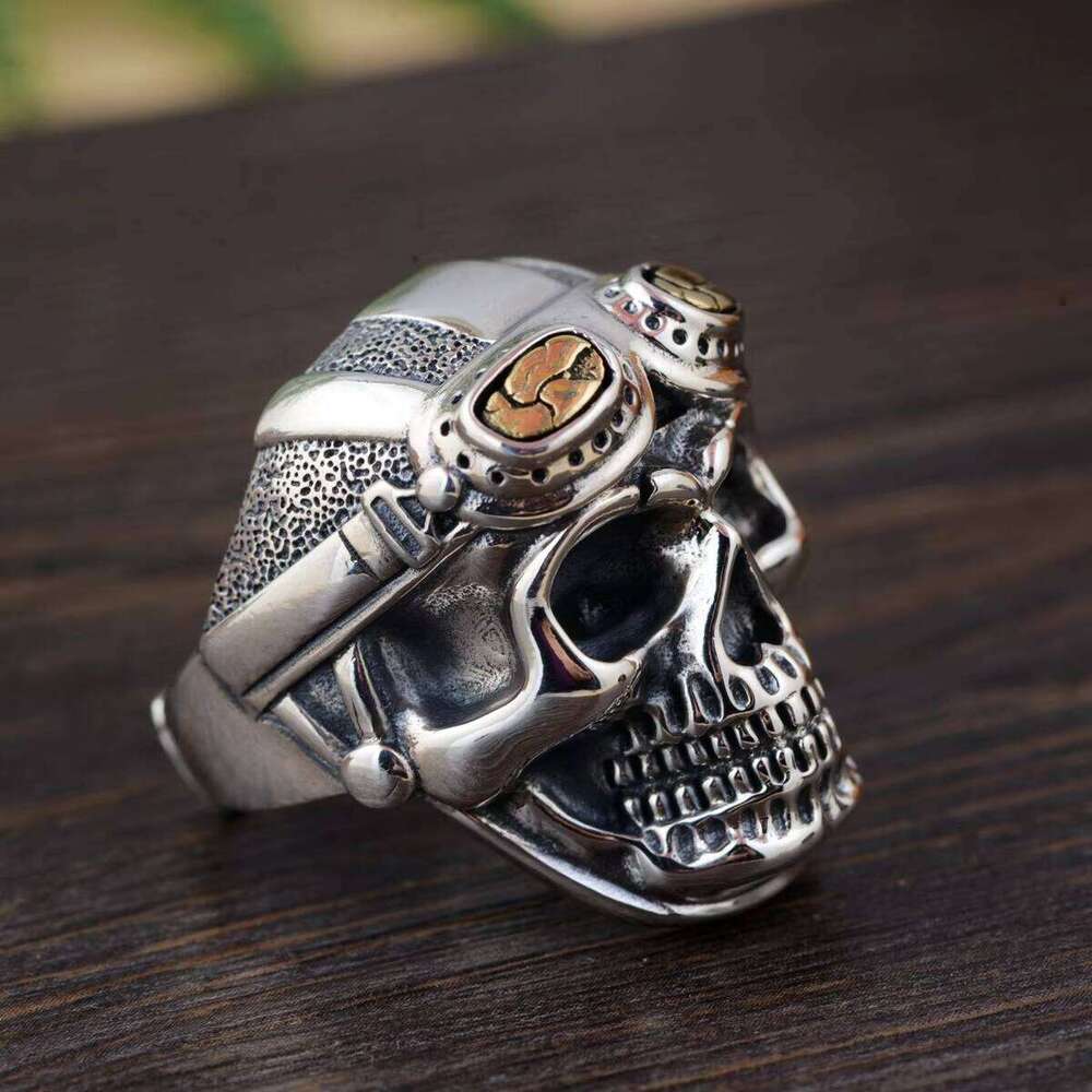 Personalized Biker for Men Genuine Sterling Sier Skull Head With Pilot Glass Mens Rings Resizable Vintage Punk