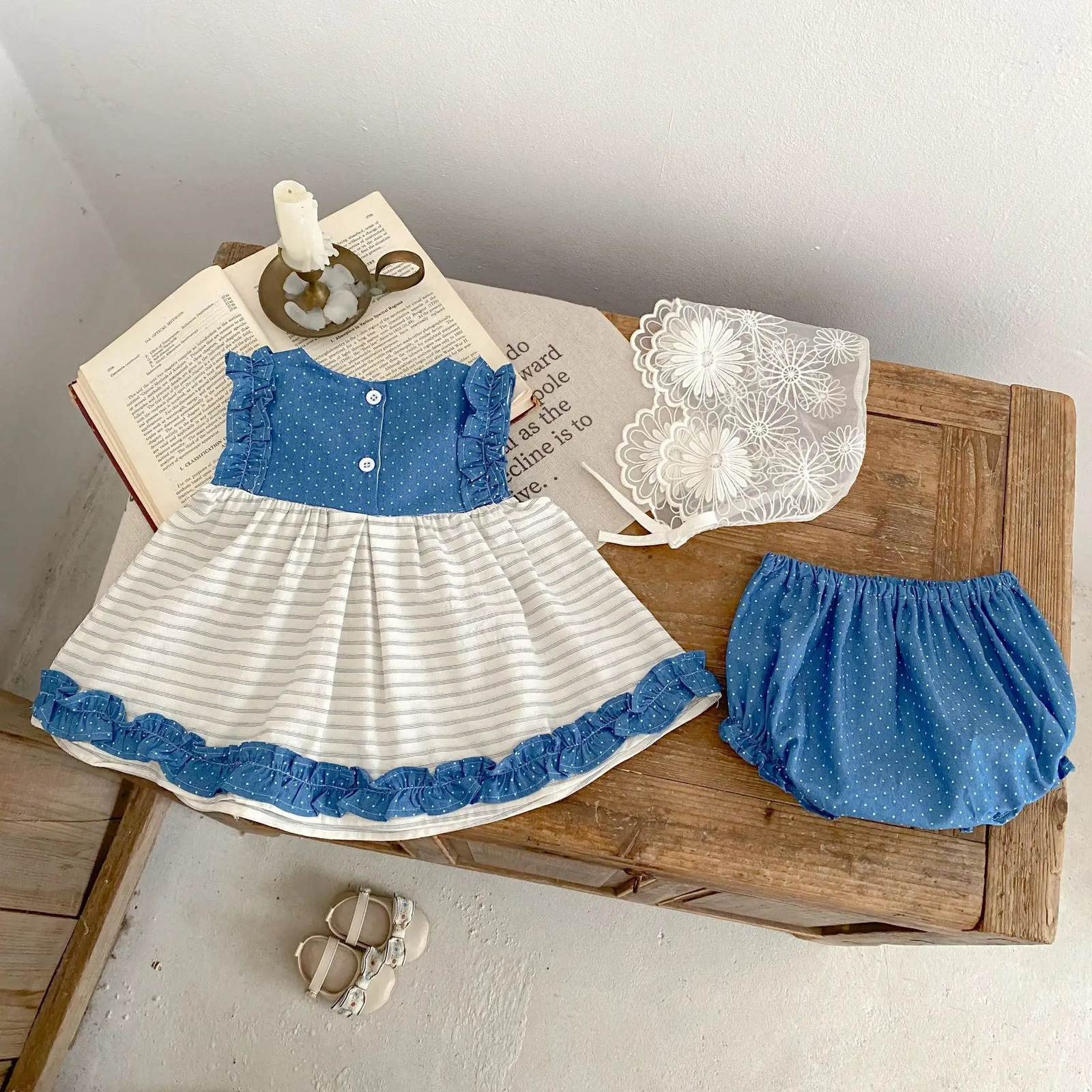 Summer baby clothes for 03 years old fashionable girl suit polka dot stitching top triangular shorts 250527