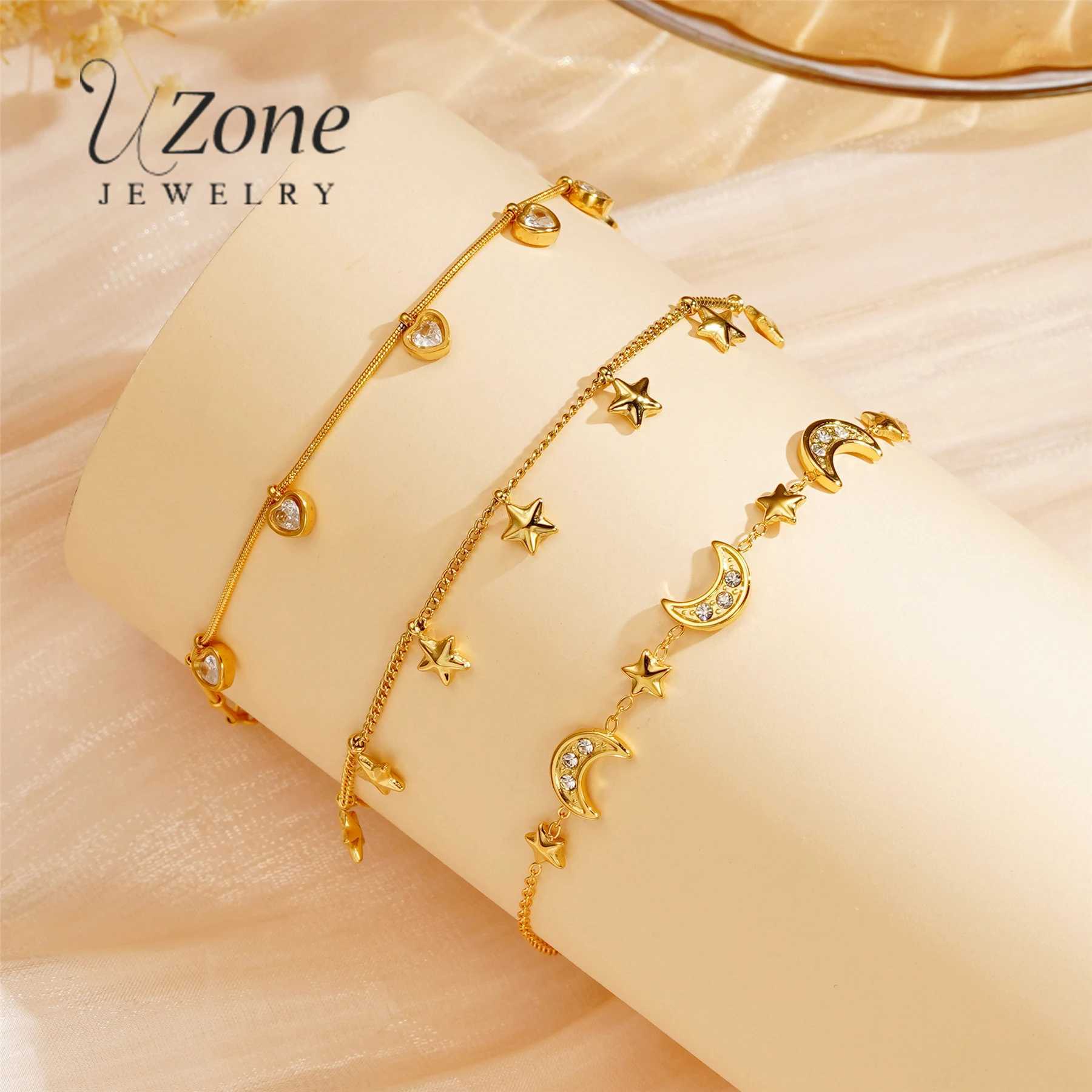 UZone Minimalist Design Zircon Heart Bracelet for Women Stainless Steel Adjustable Moon Star Colorful Stone Bracelet Jewelry Gift W250526