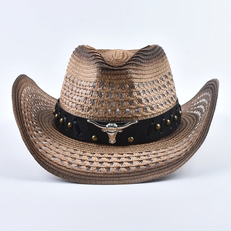 Straw Western Cowboy Hat for Women Men Summer Hollow Out Beach Sun Hats 250526