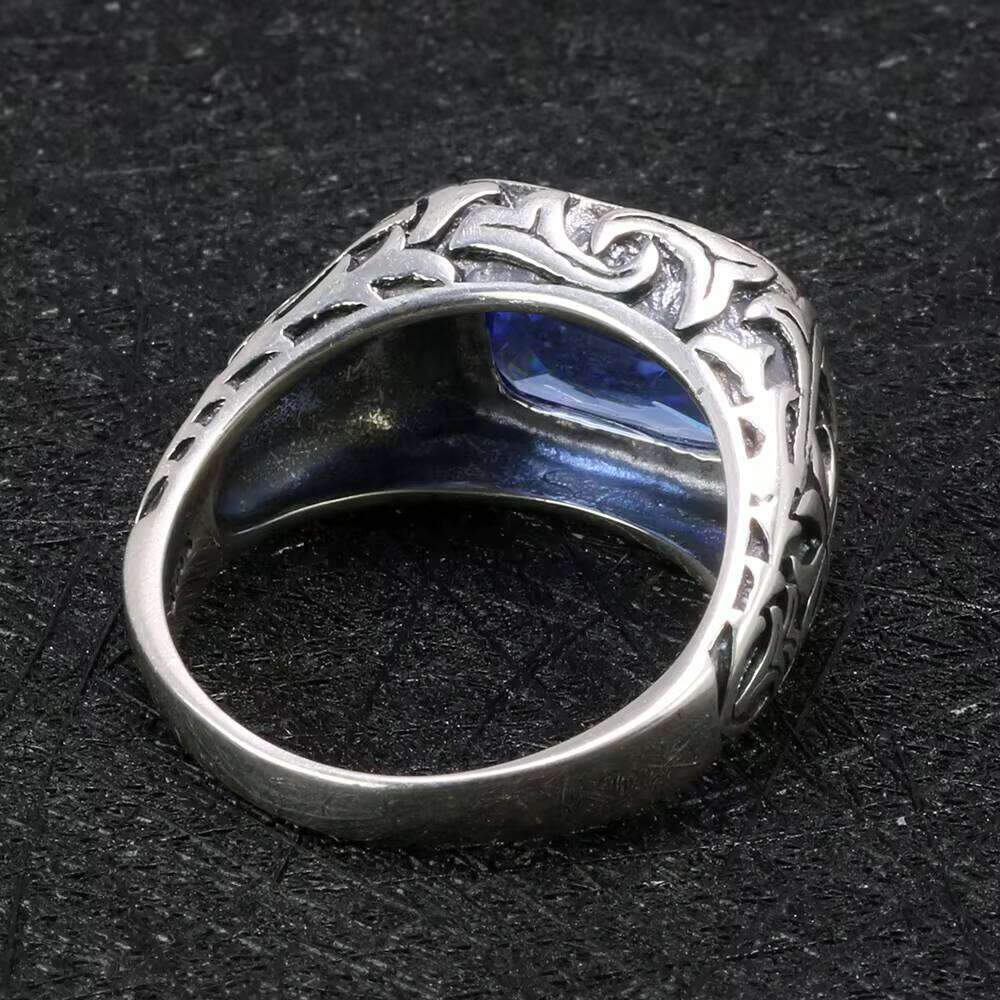 Real Pure Sterling Sier Rings for Men Blue Natural Crystal Stone Mens Ring Vintage Hollow Engraved Flower Fine Jewelry
