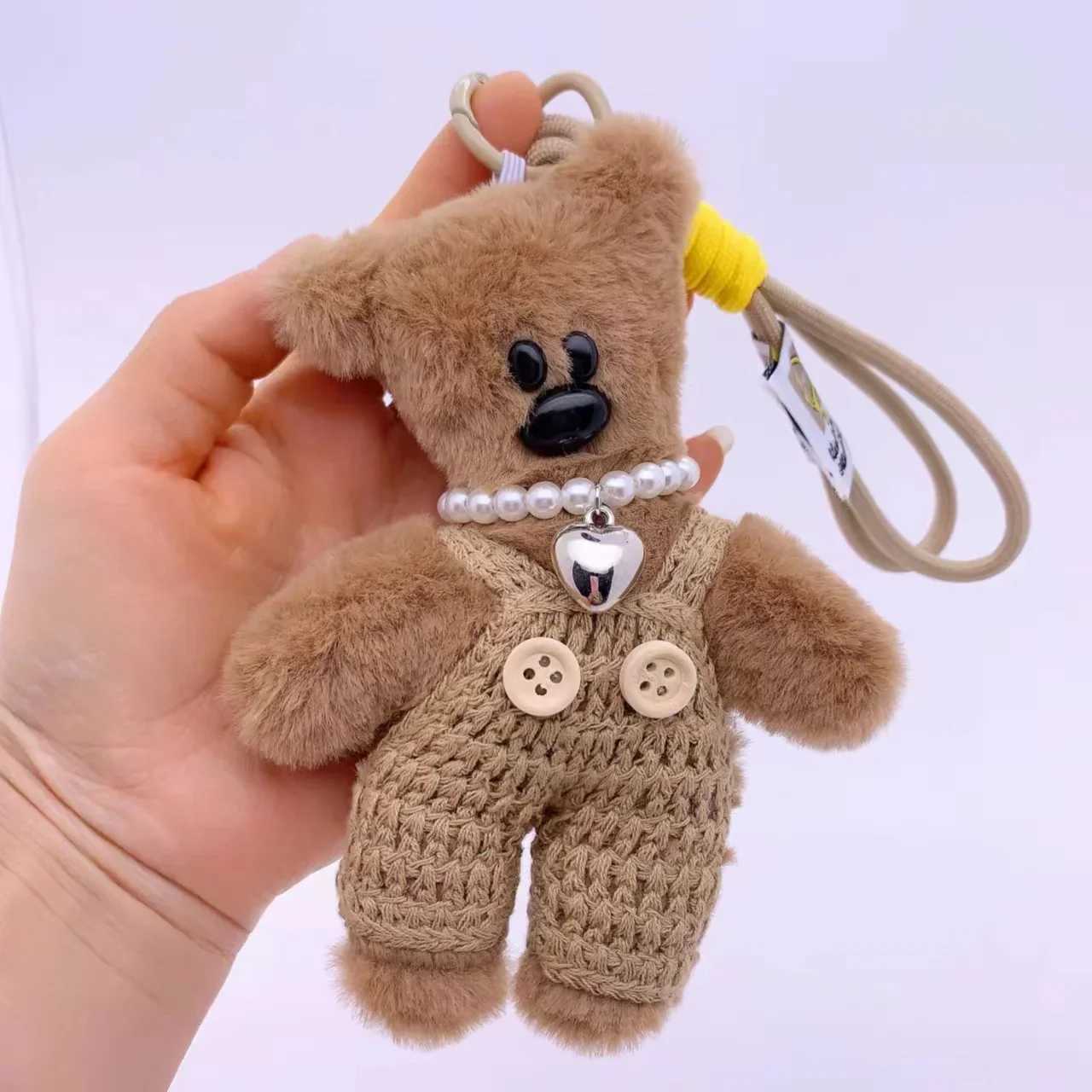 15cm Plush Small Bear Toy DIY Keychains Cute Handmade Knitted Overalls Bear Keychain Animals Pendant Kids Women Bag Accessories W250526