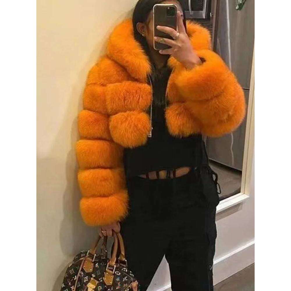 Joskaa Solid Furry Cropped Faux Fur Down Coats Women Fluffy Zipper Long Sleeve Hooded Jacket Outwear Winter Tops 2023 Streetwear
