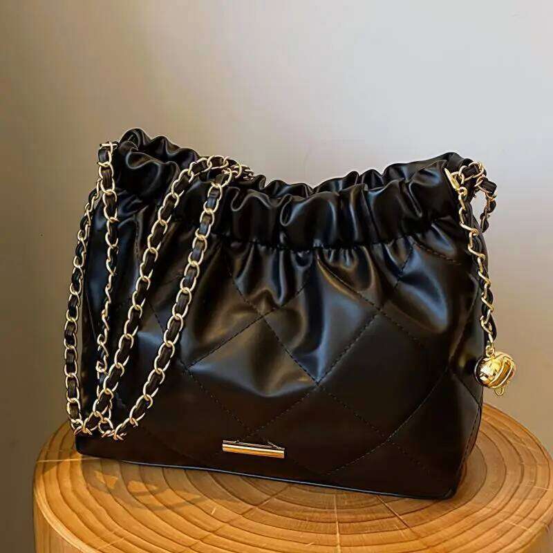 Shoulder For Women Girls PU Leather Pleated Plaid Crossbody Bucket Large Capacity Tote Handbag Fashion Underarm Bag