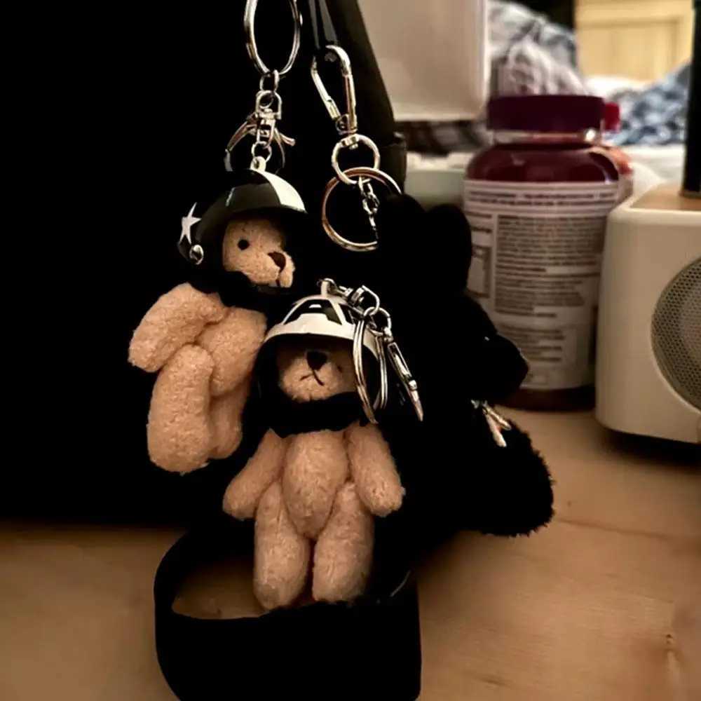Trendy Cute Motorcycle Helmet Bear Doll Couple Keychain Pendant Plush Bear Toy Car Keyring Backpack Decoration Bag Charm Jewelry W250526