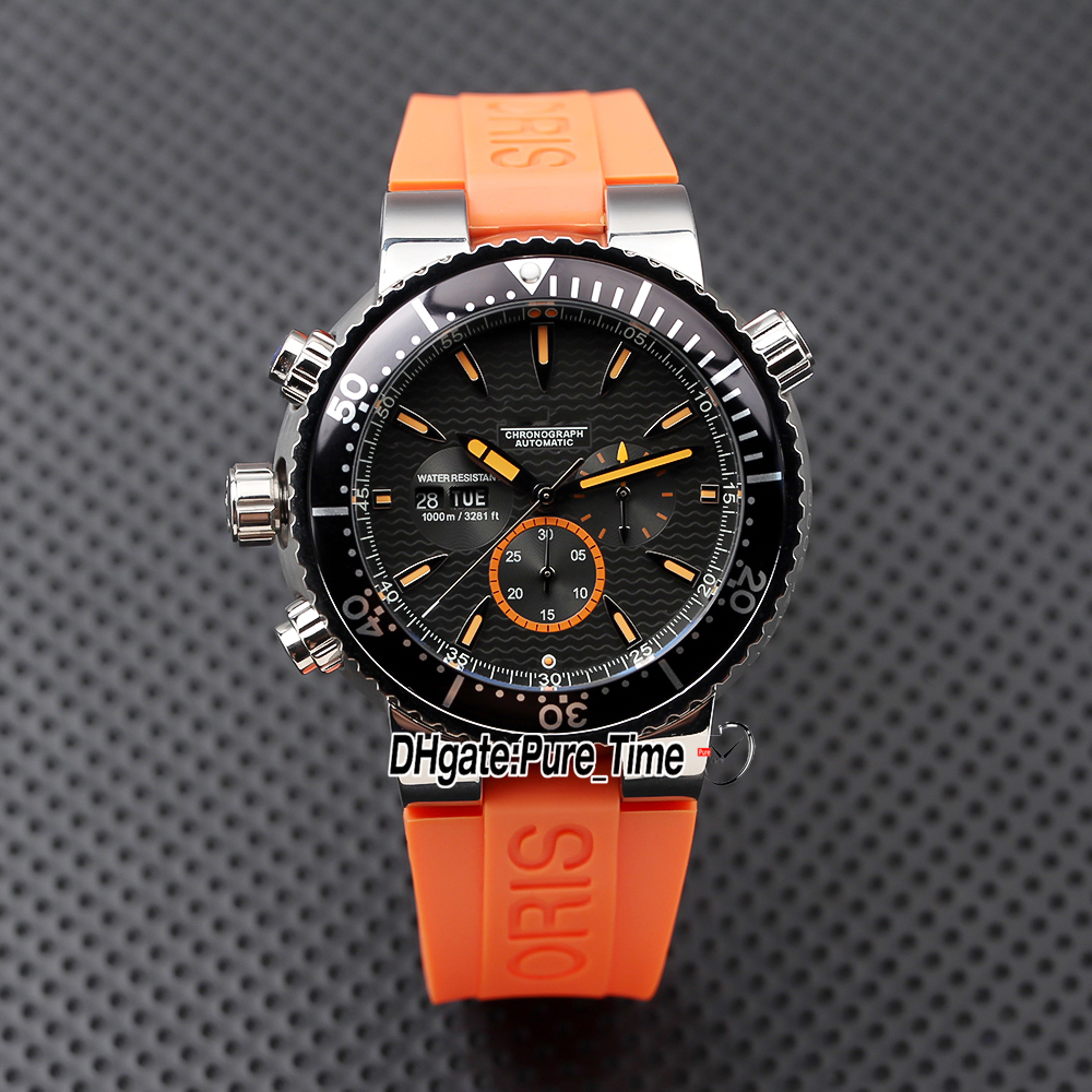 New AQUIS Diver 45mm OS Quartz Chronograph Mens Watch Black Dial Stick Markers Ceramic Bezel Steel Case Orange Rubber Strap Gents Backhand Stopwatch Watches Z03B