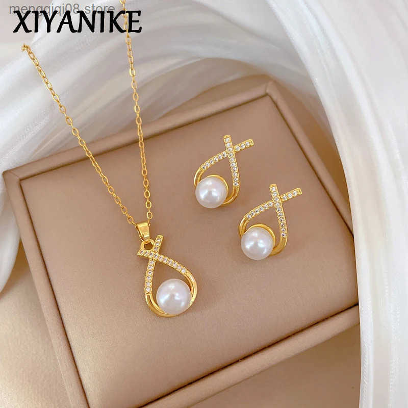 XIYANIKE Pearl Zircon Cross Neckles Earrings Elegant Jewelry Set For Women Stainless Steel Chain Wedding Valentines Day Gift L250527