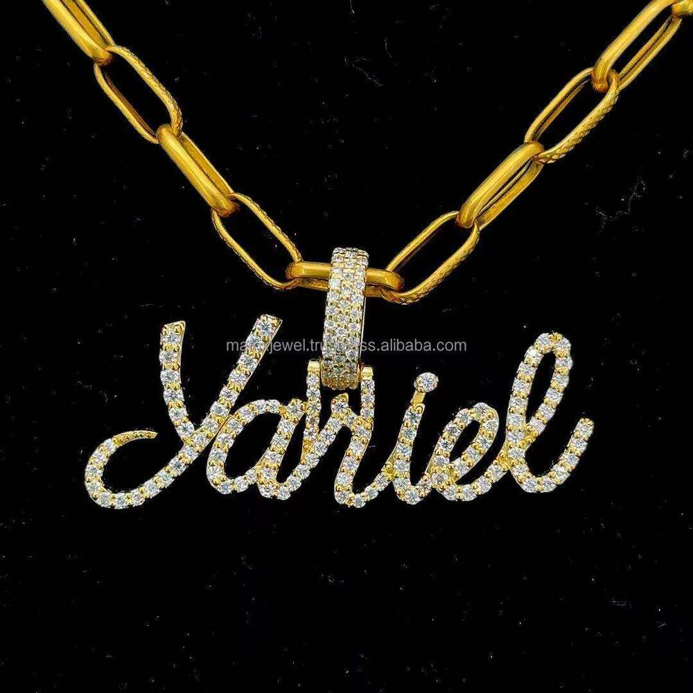 Elegant dia Single Layer Name pendant Iced Out in Sterling Sier 14KT Gold Plated and Round Cut Moissanite