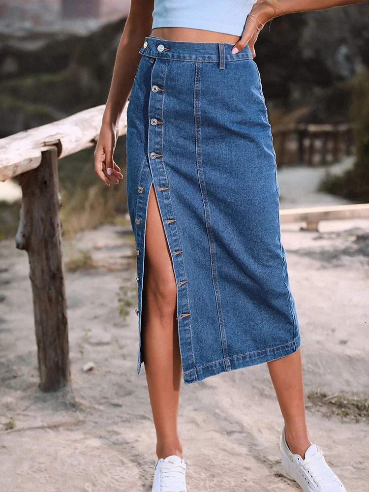 Benuynffy Sexy Streetwear Button Women Skirt Autumn Winter Elegant Denim Female High Waist Casual Bodycon Long Skirts 250516Z