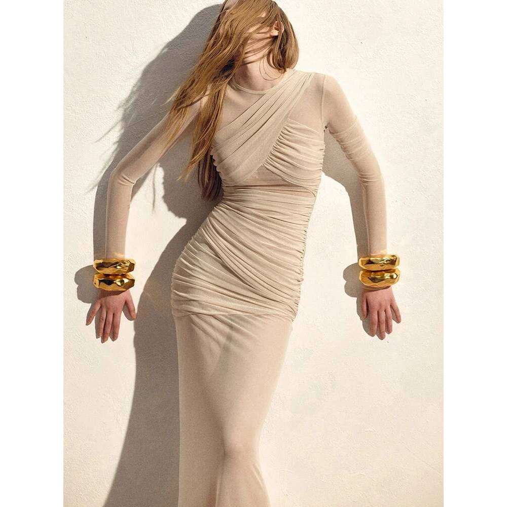 Sibybo Mesh Patchwork Sheer Maxi Dress For Women Sexy Ruched Long Sleeve Bodycon Party Club Evening Dresses Elegant Vestido Robe