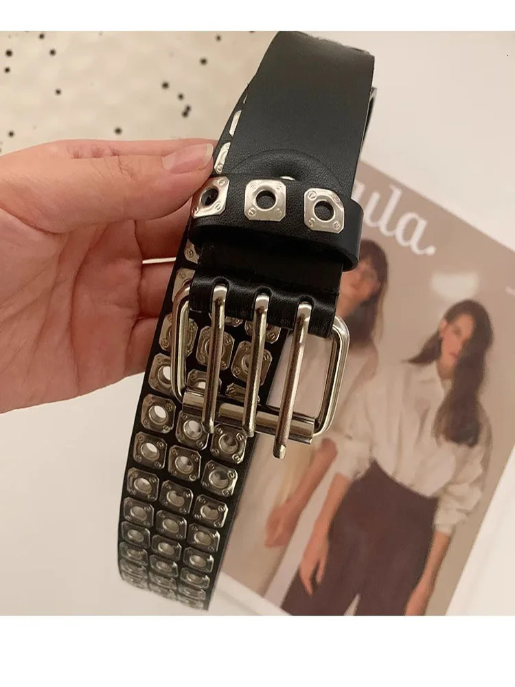 Hip-Hop Y2k Jeans Womens Belts Unisex Adjustable Double Row Needle Buckle Waistband Retro Square Rivet Rock Punk Mens Belt 250520