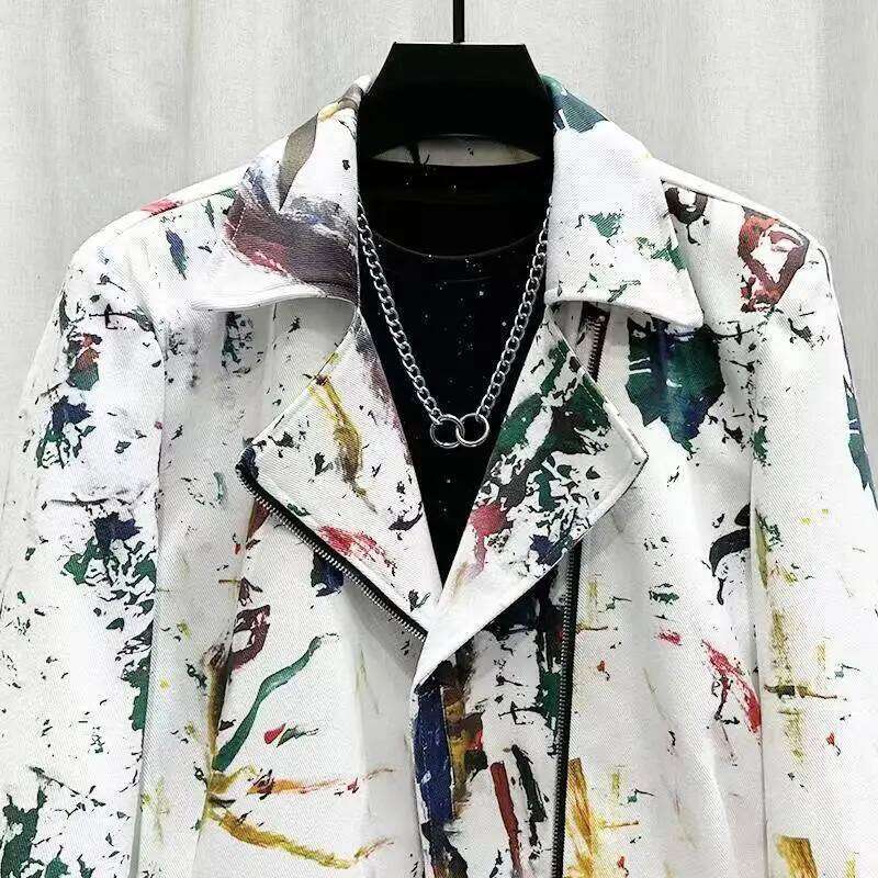 Spring Autumn Men's Graffiti Print Jackets Fashionable Splashing Ink Zipper Motorcycle Personality Advanced Male Coat