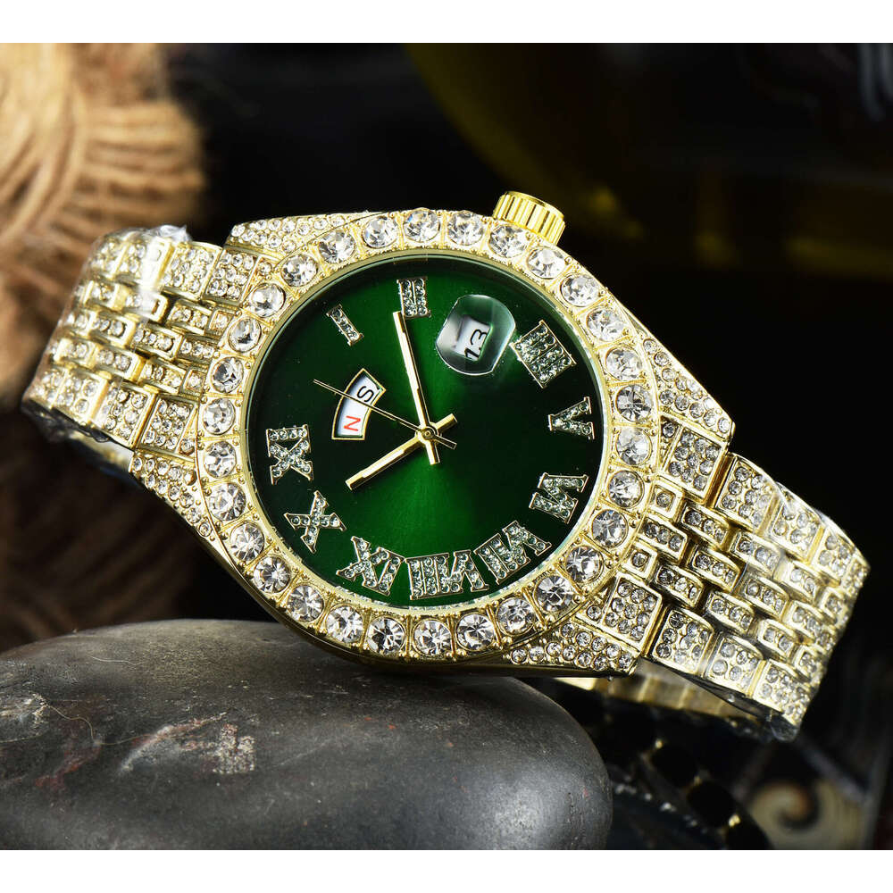 New Men's with Full Diamond Decoration, High Brand Name, Smart Dual Calendar, Waterproof Quartz Watch