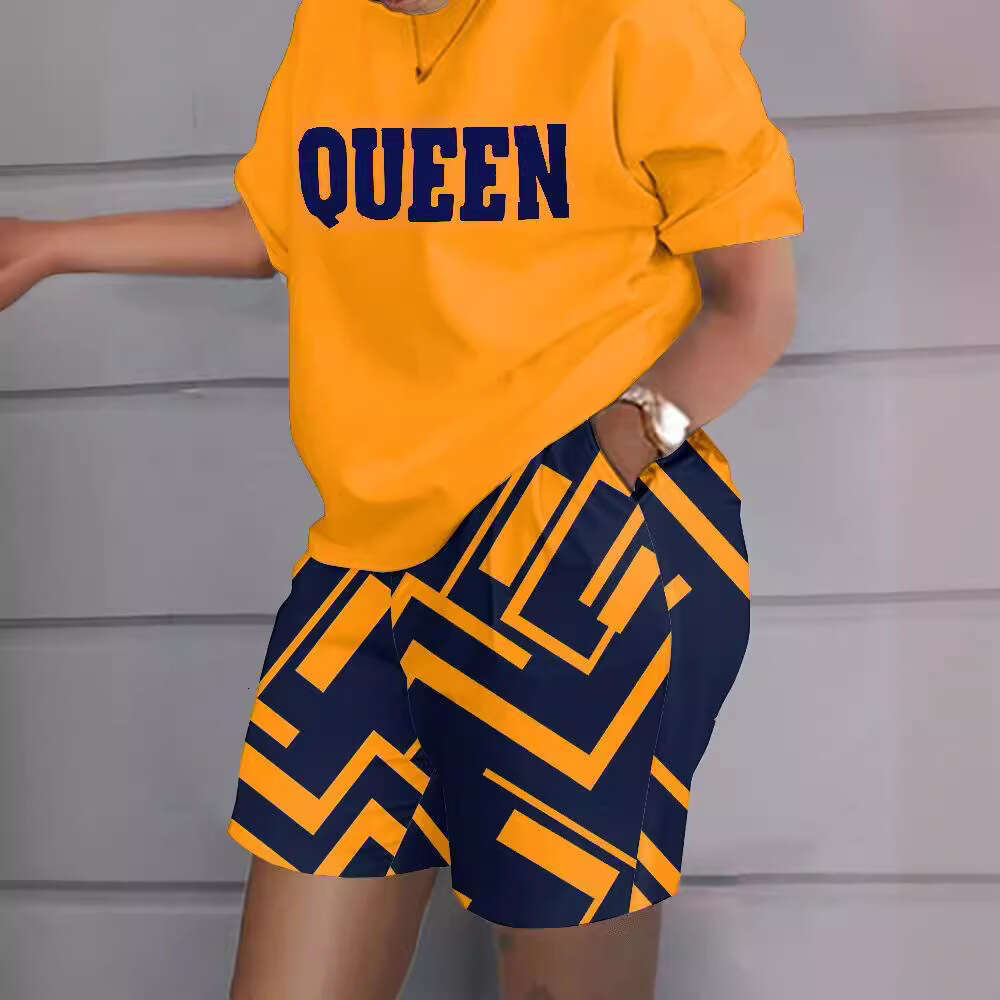 Women's Spring Summer Short Sleeve Two-Piece Printed Commuter Set