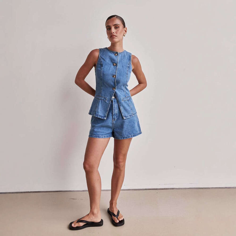 2025 Spring/Summer New Fashion Sleeveless Waist-Cinching High-Waist Loose Denim Shorts Set