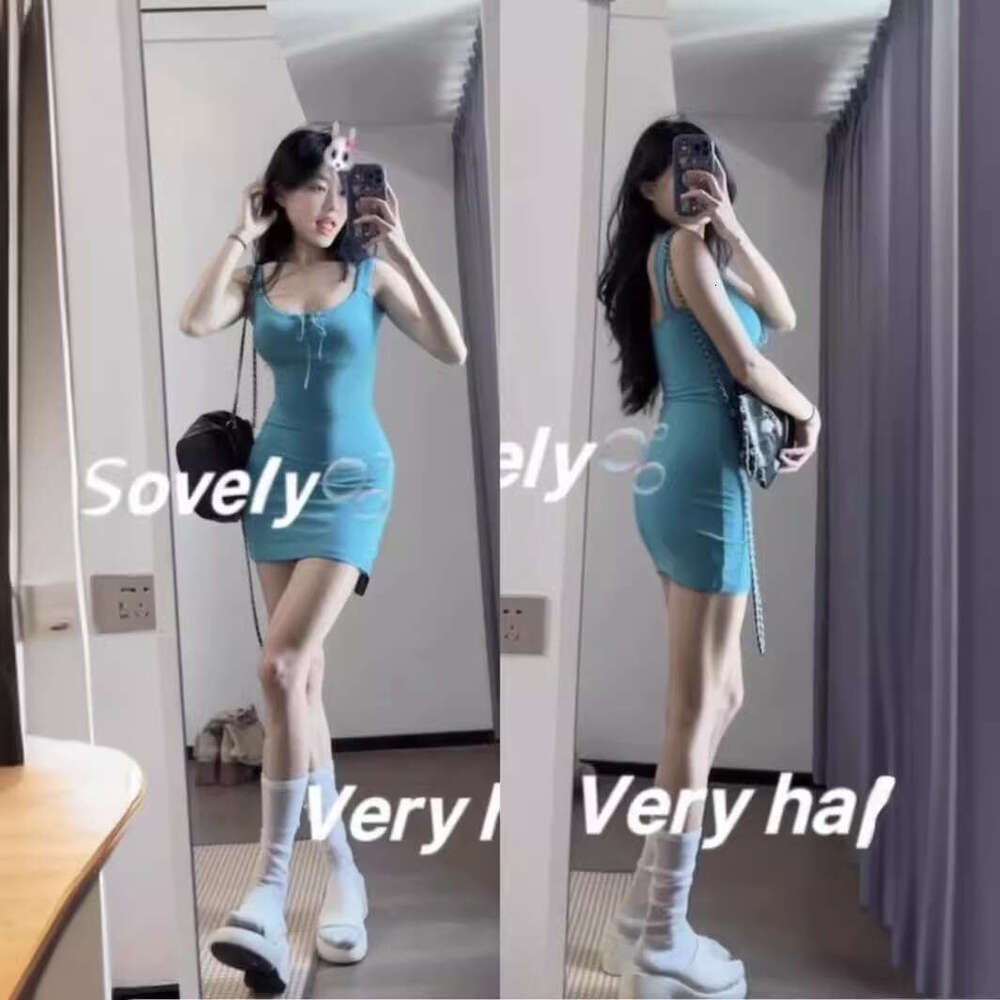 Spicy Girl High Waist Drawstring Bowknot U-neck Vest Pure Desire Bodycon Short Slimming Pear-shaped Body Outfit Dress
