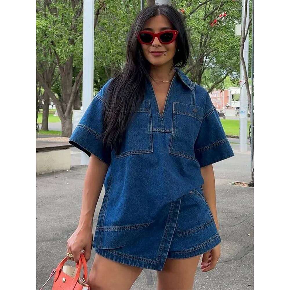 Casual Women Denim Tops Skirt Sets Fashion V-neck Patchwork Half Sleeve Split Shirt Mini Jean Short 2025 Summer Vintage Outfits