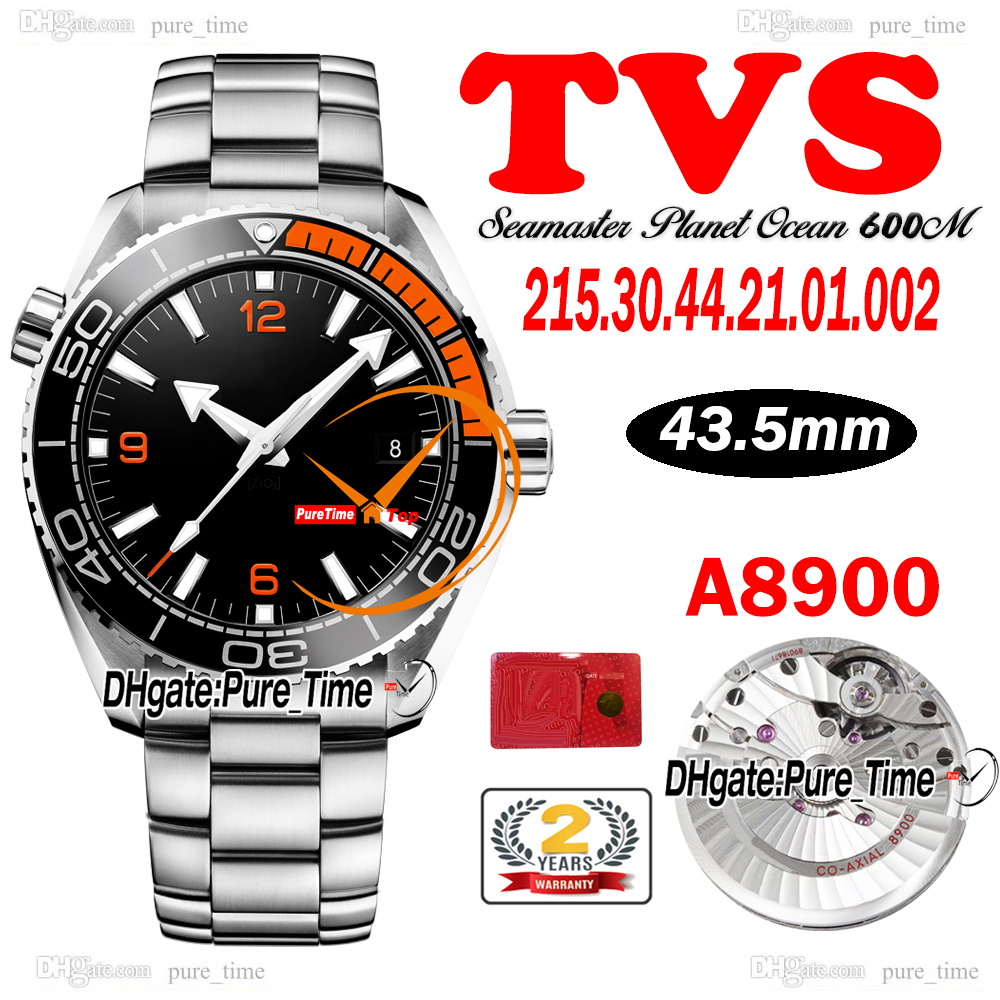 TVF Dive 600m 43.5mm A8900 Automatic Mens Watch 215.30.44.21.01.002 Orange Bezel Black Dial Stainless Steel Bracelet New Gents Watches PureTime TVSB