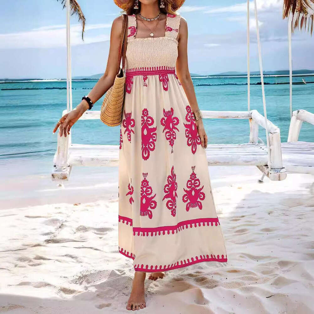 2025 New Women's Beach Vacation Style Printed Strapless Dress