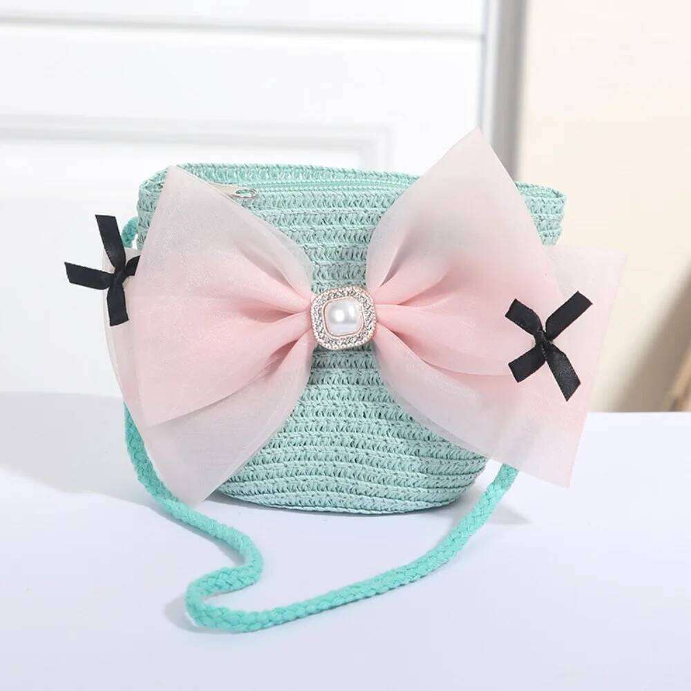 Sweet Kid's Straw Woven Bow Shoulder Outdoor Travel Messenger Beach Bag Mini Children's Coin Purse Handbag