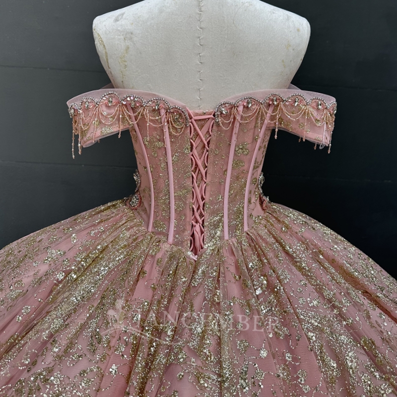 Pink Quinceanera Dresses Ball Gown Off The Shoulder Gold Applique Lace Beading Tull Party Birthday Sweet 16 Dress Vestidos 15 Anos