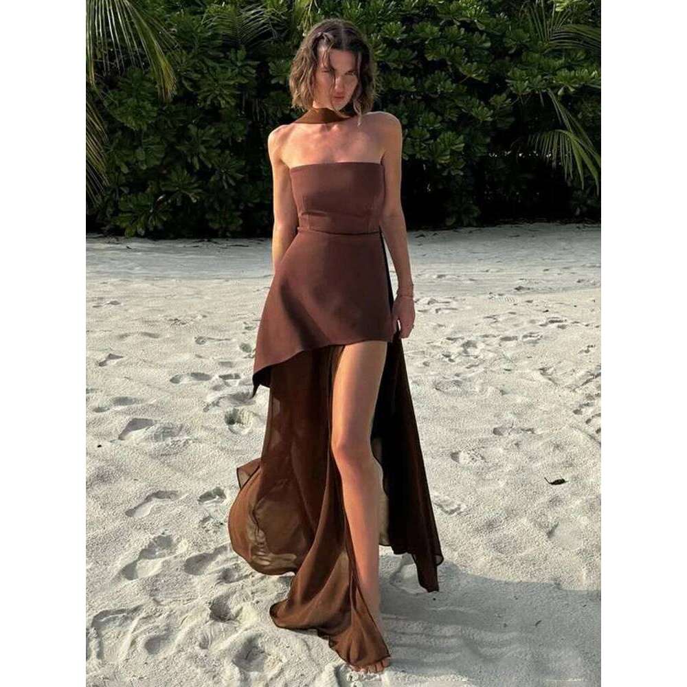 Hot Tight Dresses TARUXY Fashion Strapless With Ribbon Female Elegant Sleeveless Mesh Beach Vacation Long Spring New Women Dress Casual Knee Length Dr