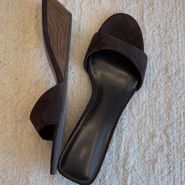 2025 Summer New Genuine Leather Simple One-Strap Women's Versatile Wedge Mid-Heel Open-Toe Fashionable Sandals