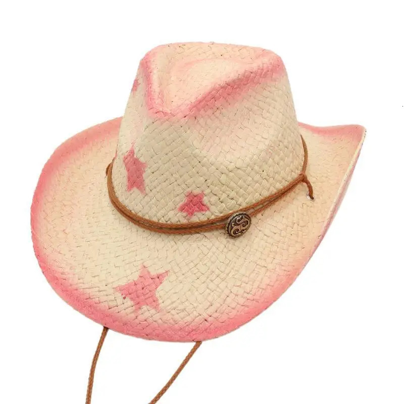 Summer Men Handmake Raffia Hollow Cowboy Hat With Punk Rope Women Western Wide Curling Brim Cap Sun Protection Unisex Hats 250526