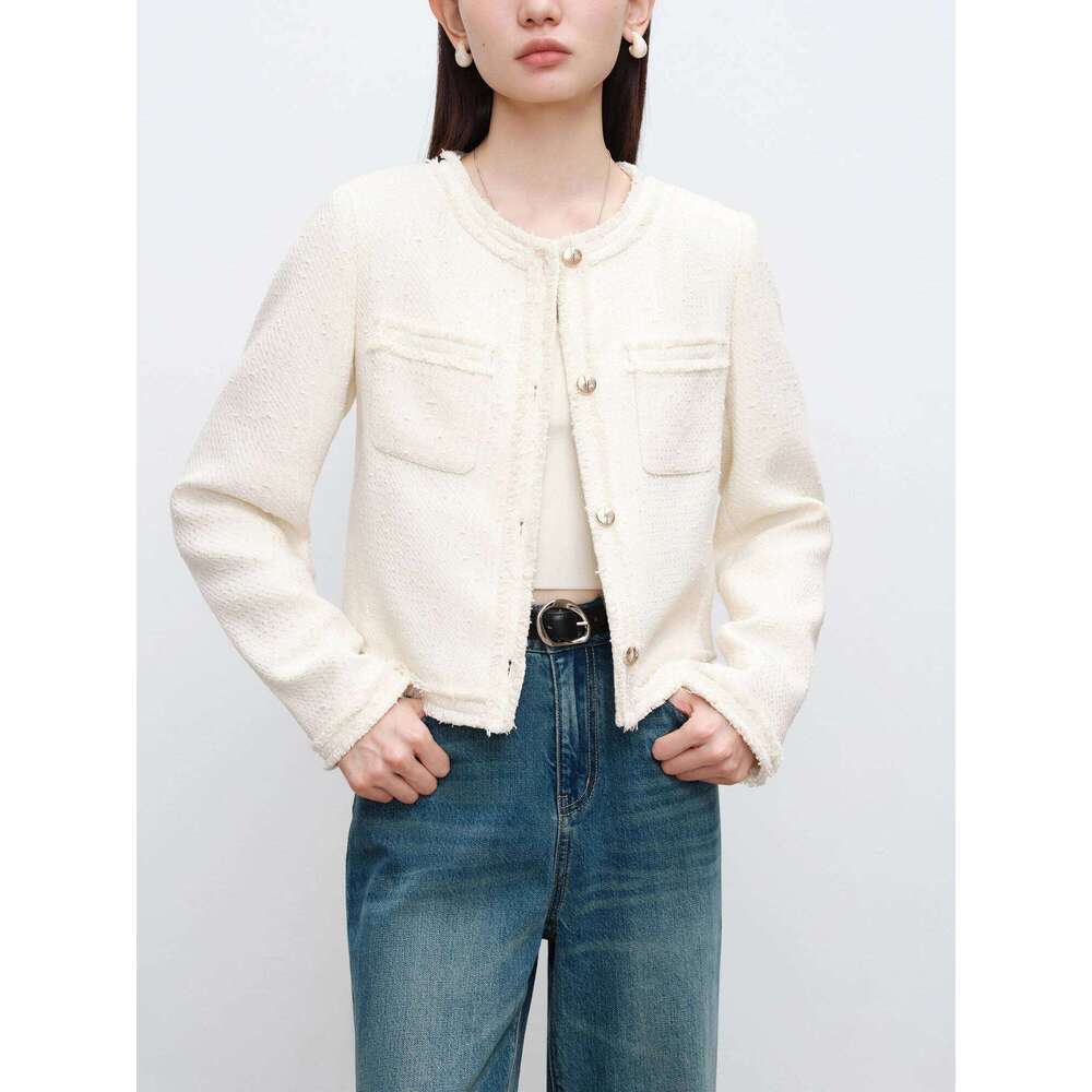 ZIQIAO Petite Size 2 Color Tweed Sequins Jacket Round Neck Short Coats 2024 Autumn New Design Chic Female Beige Coat 24Zq93260