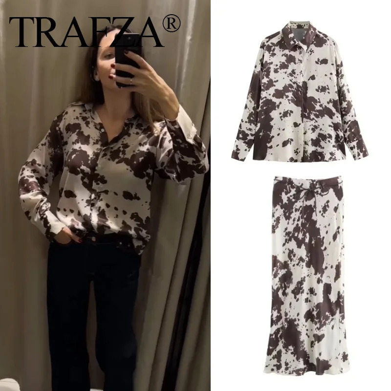 TRAFZA Spring Women Fashion Skirts Suit Brown Printed Casual ShirtHigh Waist Drawstring Belt Satin Midi Skirt Matching Set 250526