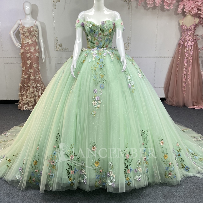 Mint Green Quinceanera Dresses Ball Gown Off The Shoulder Applique Lace Beading Tull Party Birthday Sweet 16 Dress Vestidos 15 Anos