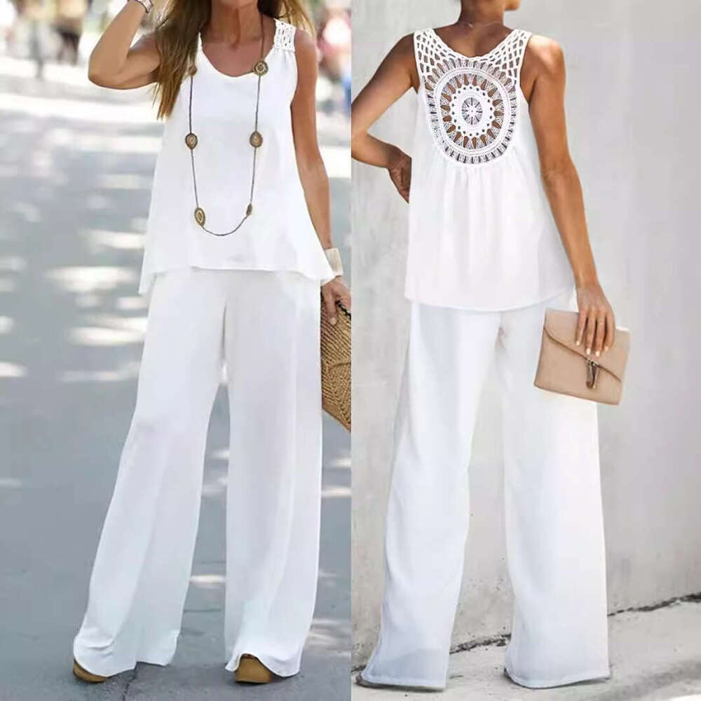 2025 New Summer Sleeveless Solid Color Backless Lace Trim Set Women's Fashion