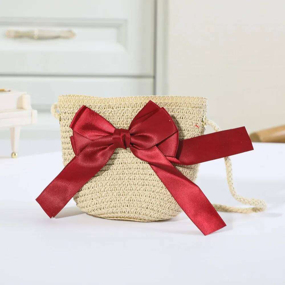 Sweet Kid's Straw Woven Bow Shoulder Outdoor Travel Messenger Beach Bag Mini Children's Coin Purse Handbag