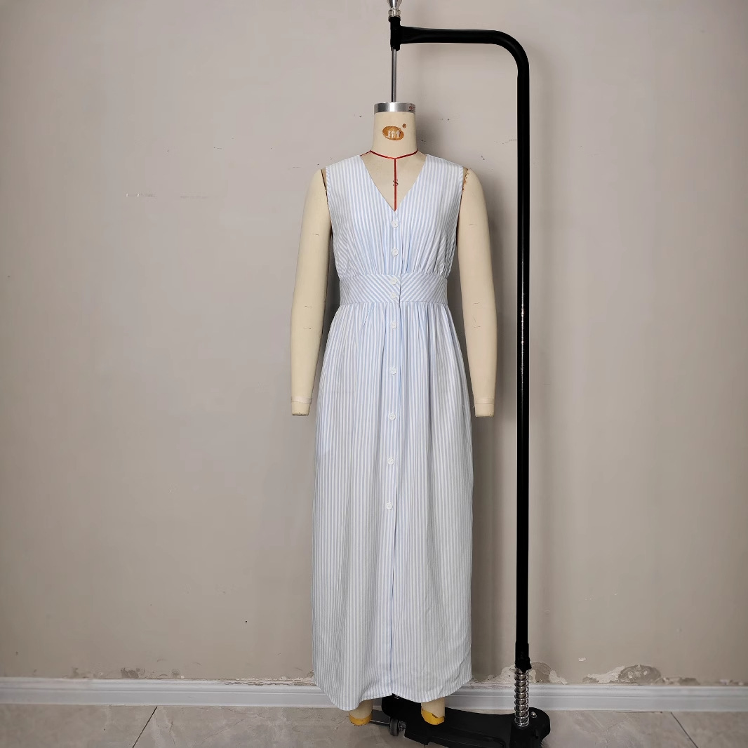 Spring European and American women's clothing style elegant split V-neck pleated waist striped French dress