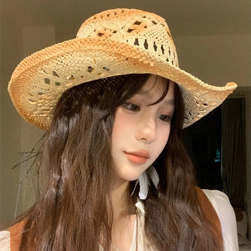 Unisex Exotic Style Retro Bandhnu Travel Cowboy Hats Outdoor Beading Beach Sunshade Niche Straw Caps Versatile Hollow Out 250526