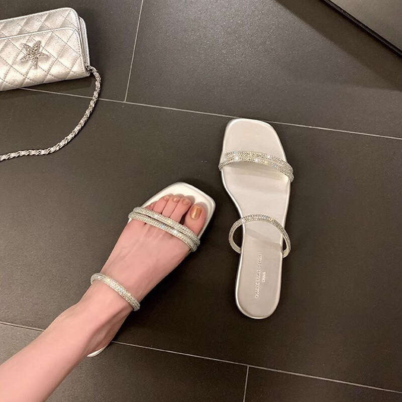 Su Yinyin Same Style ~ Silver Star Sparkling Square Toe Rhinestone Strap Flat Sandals for Women Outdoor Summer Slippers