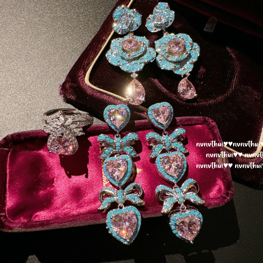 Austrian Court-Inspired Camellia Gemstone Earrings - Vintage 18K Gold Plated Argyle Pink Heart Enamel Drop Earrings