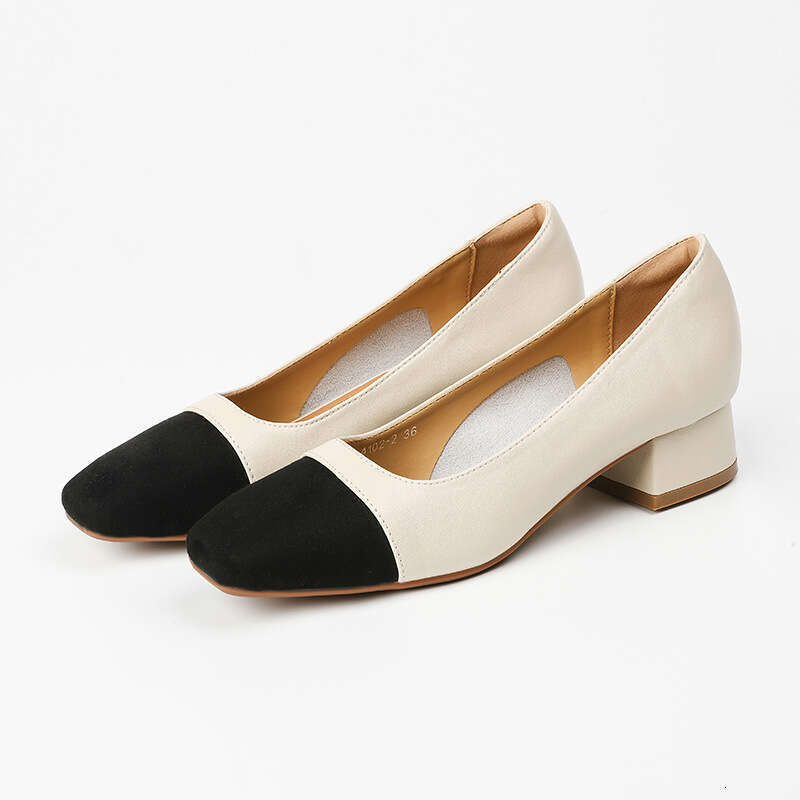 2025 New Style Small Chanel Square Toe Shallow Mouth High Casual Color Block Chunky Heel Single Shoes